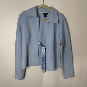 WillSmith Womens Wool Jacket XL Blue 100% Wool Tie Front Blazer Satin Ribbon Y2k